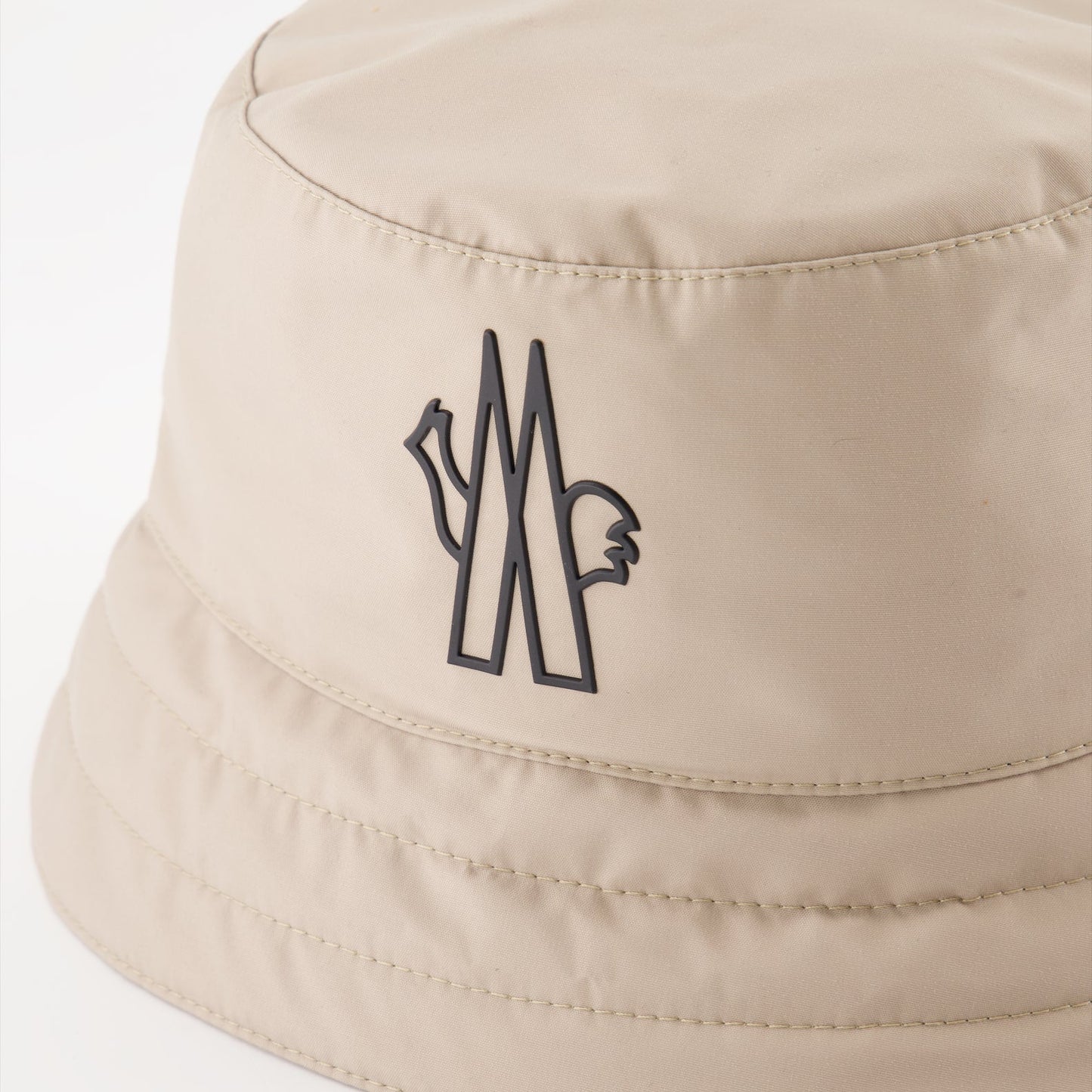 Moncler Grenoble, beige nylon bucket hat, luxury accessory, high-end headwear, fashionable hat