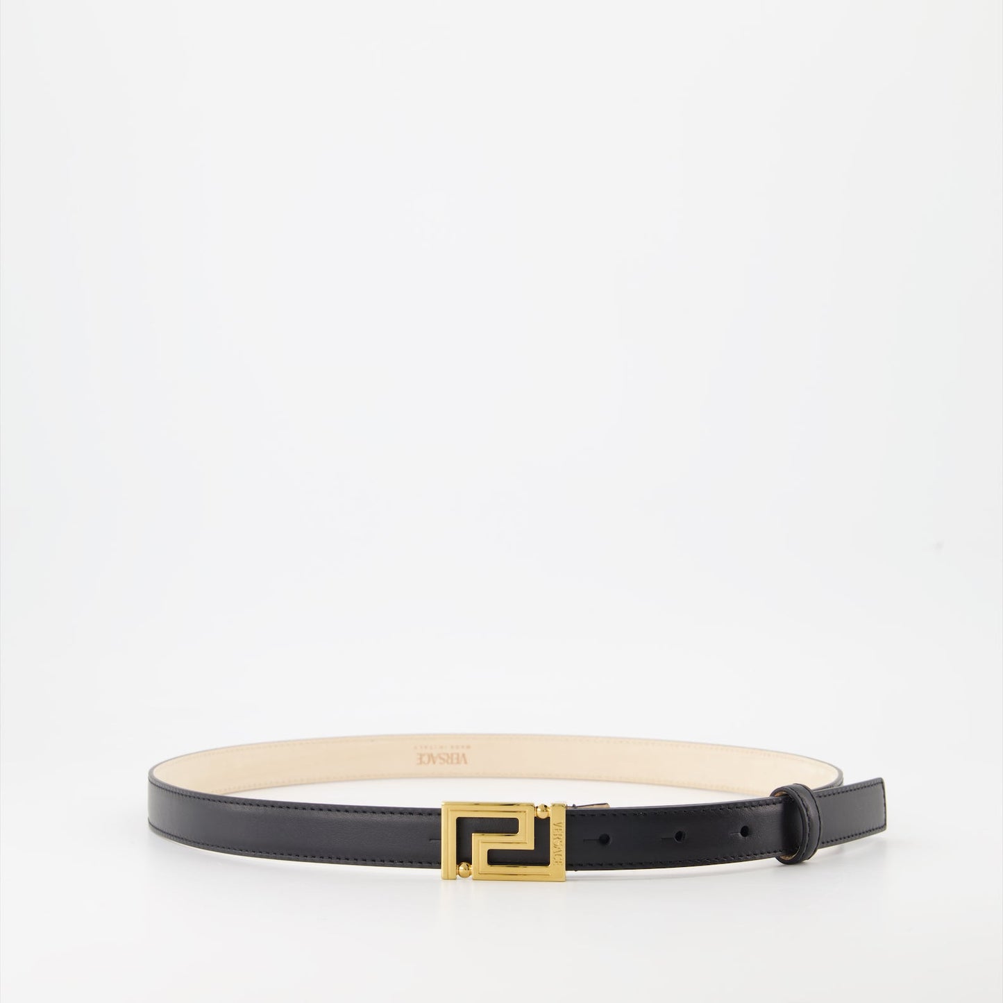 Versace belt, black leather belt, golden buckle, Greca belt, luxury accessories