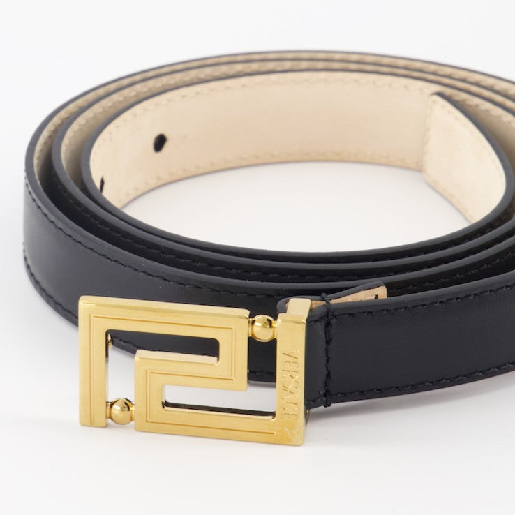 Versace belt, black leather belt, golden buckle, Greca belt, luxury accessories