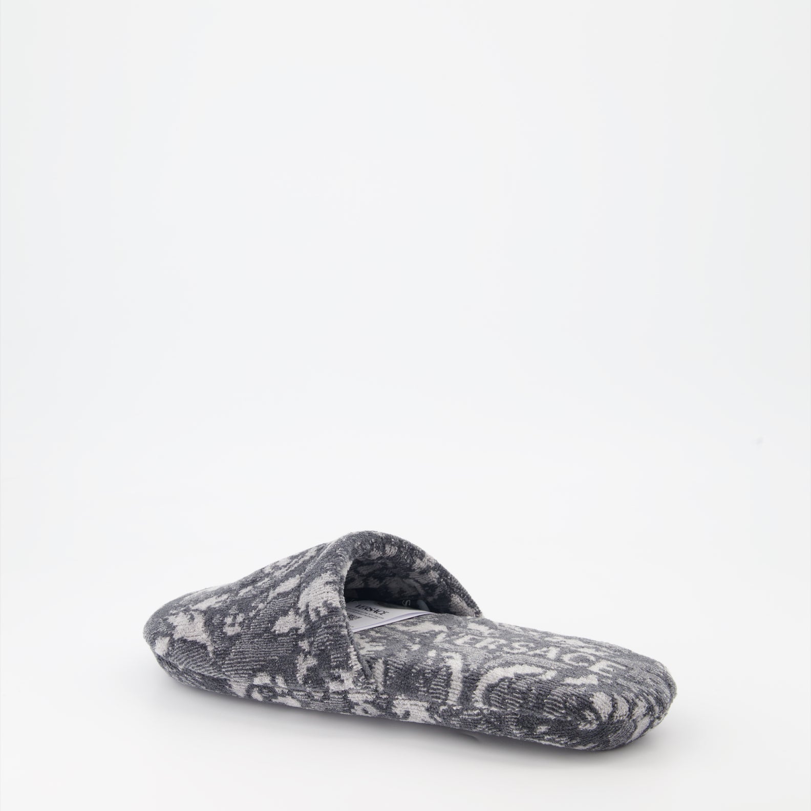 luxury slippers, Versace Barocco, gray slippers, designer loungewear, high-end accessories