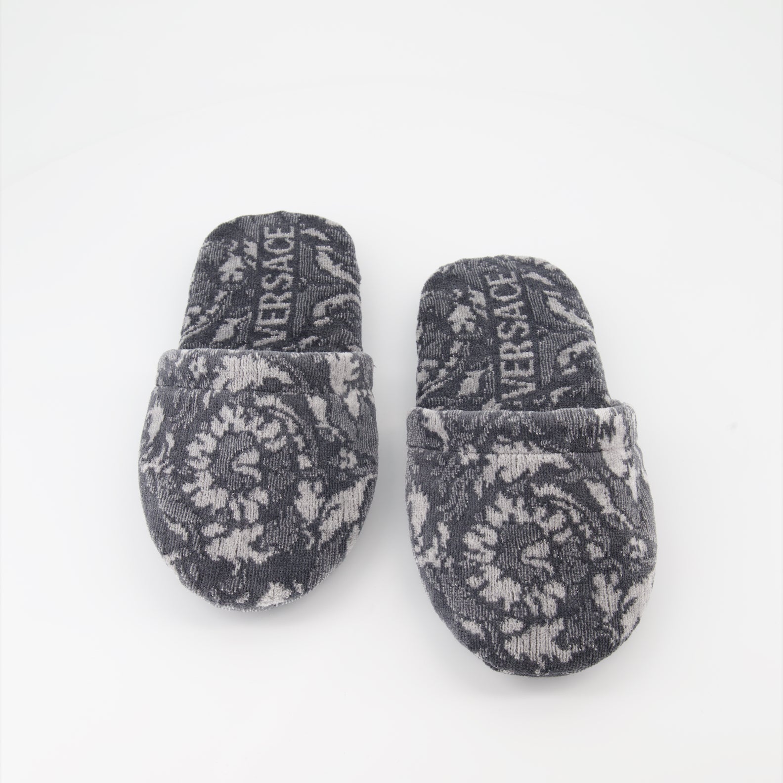 luxury slippers, Versace Barocco, gray slippers, designer loungewear, high-end accessories