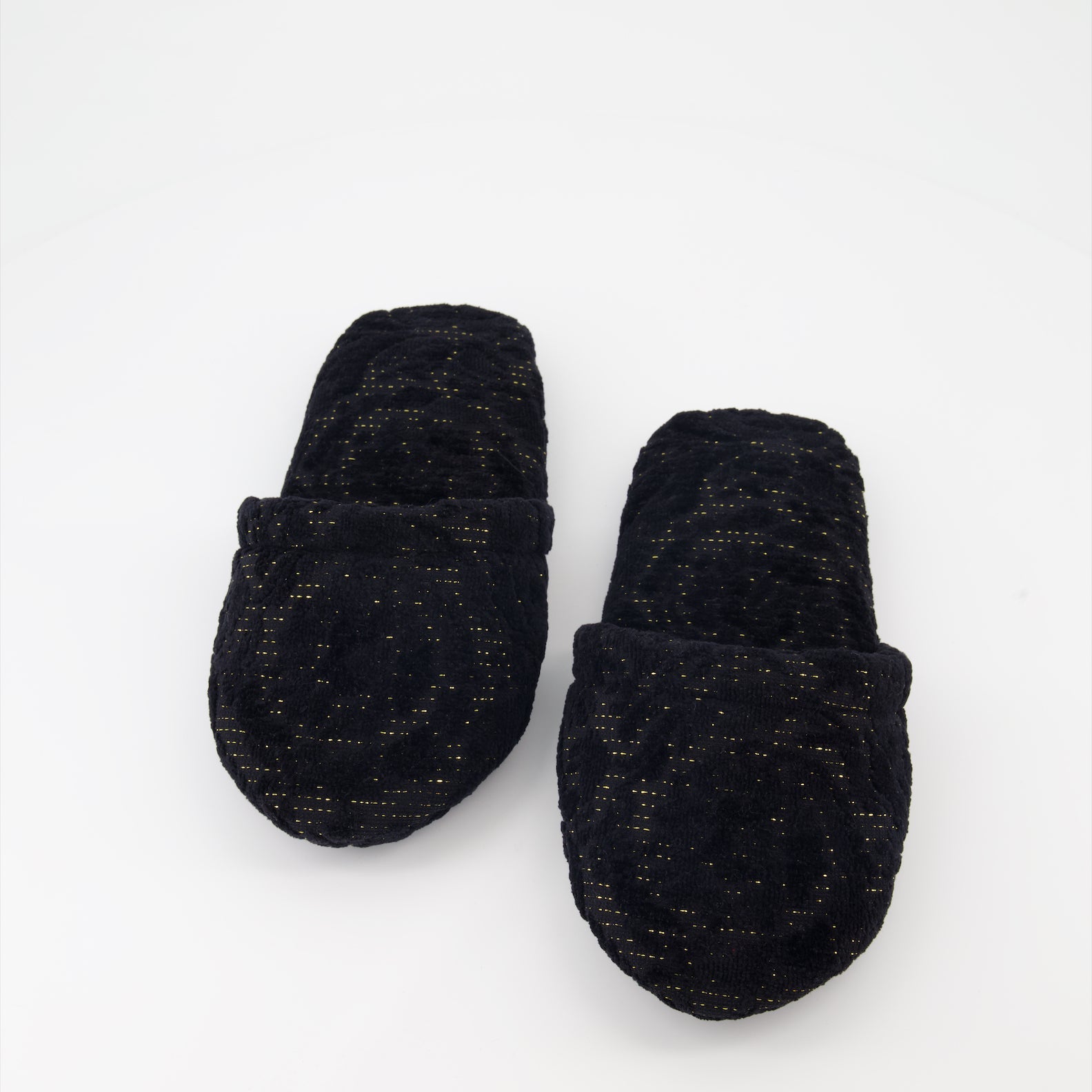 Versace slippers, Barocco pattern, luxury footwear, black lurex, high-end slippers