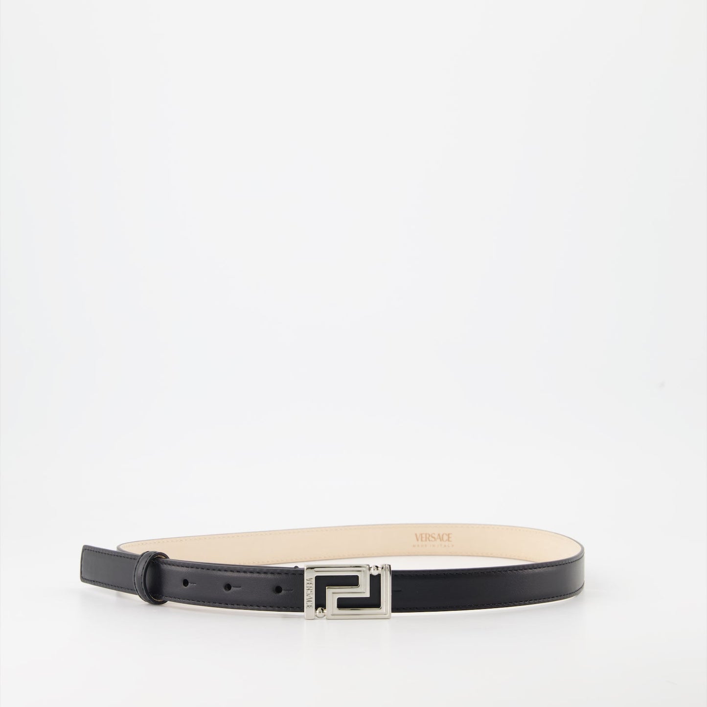 Versace belt, luxury leather belt, black leather belt, silver buckle belt, Greca design belt