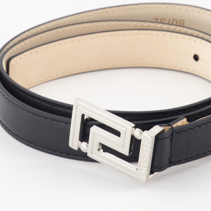 Versace belt, luxury leather belt, black leather belt, silver buckle belt, Greca design belt