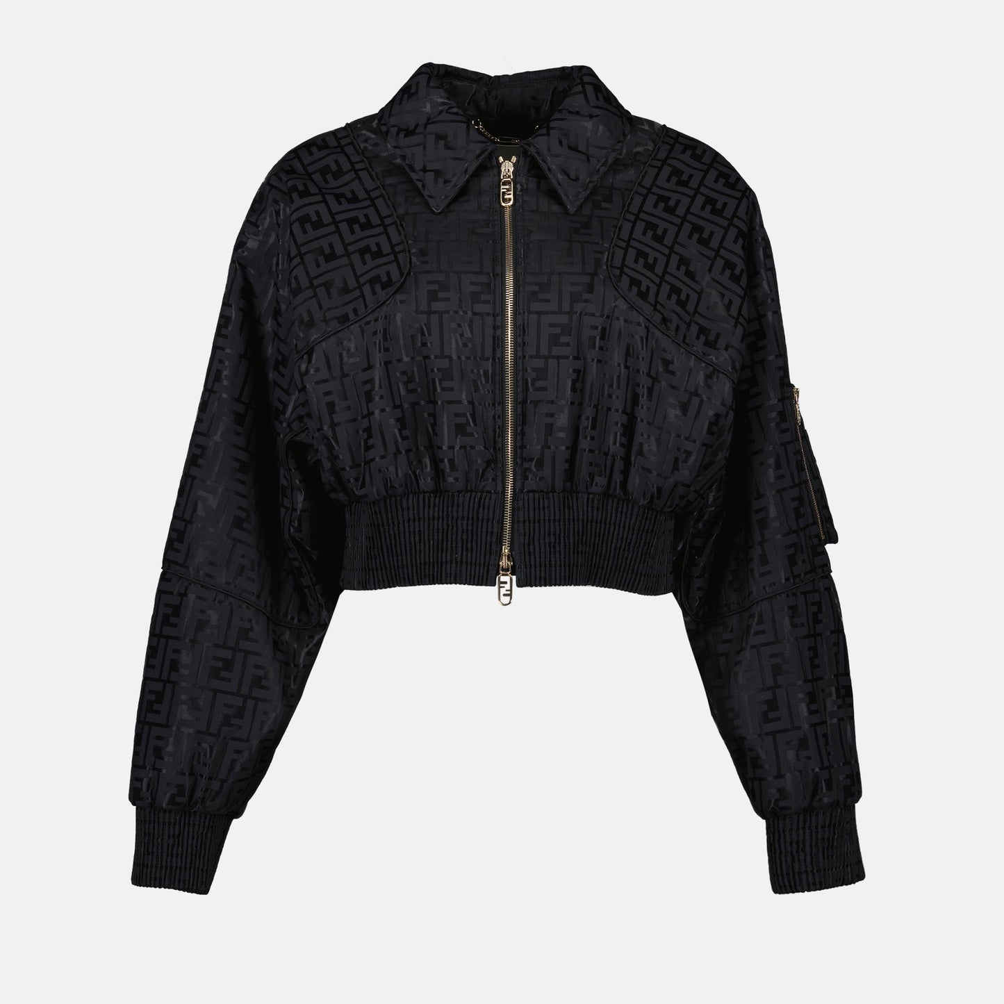 Fendi bomber jacket, luxury viscose jacket, FF motif bomber, black designer jacket, high-end fashion