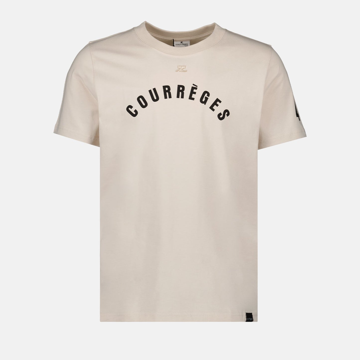 luxury T-shirt, beige T-shirt, Courrèges T-shirt, straight cut T-shirt, high-end fashion