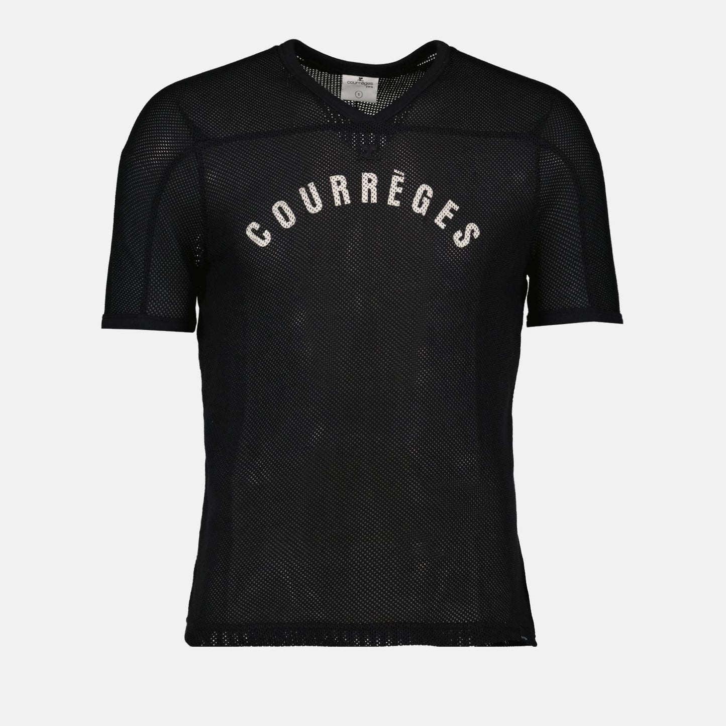 luxury T-shirt, black mesh T-shirt, Courrèges fashion, designer baseball T-shirt, high-end men's wear