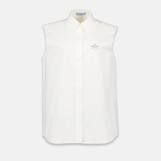 Prada, Sleeveless White Shirt, Luxury Fashion, Versatile Shirt, Elegant Apparel