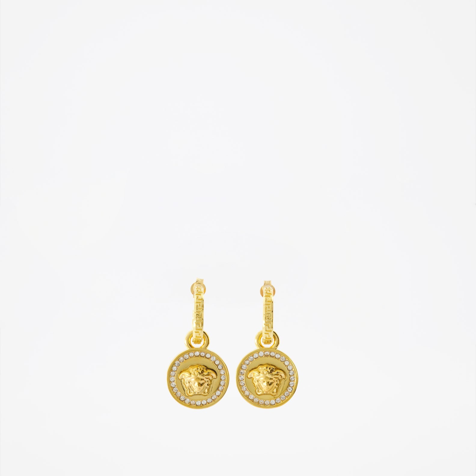 Versace earrings, crystal earrings, luxury jewelry, Medusa motif, high-end accessories