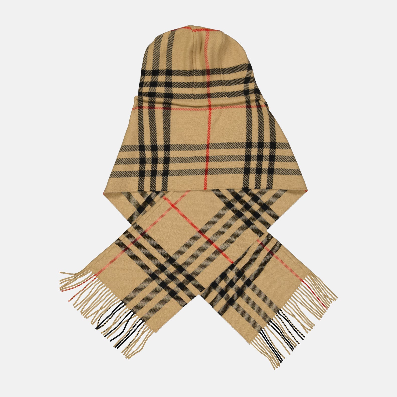 Plaid scarf, hooded scarf, Burberry check, luxury accessory, timeless fashion