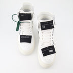 Off-White sneakers, luxury leather sneakers, high-top fashion shoes, streetwear luxury, designer footwear