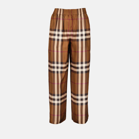 Burberry, silk trousers, checkered pattern, women’s luxury pants, designer clothing