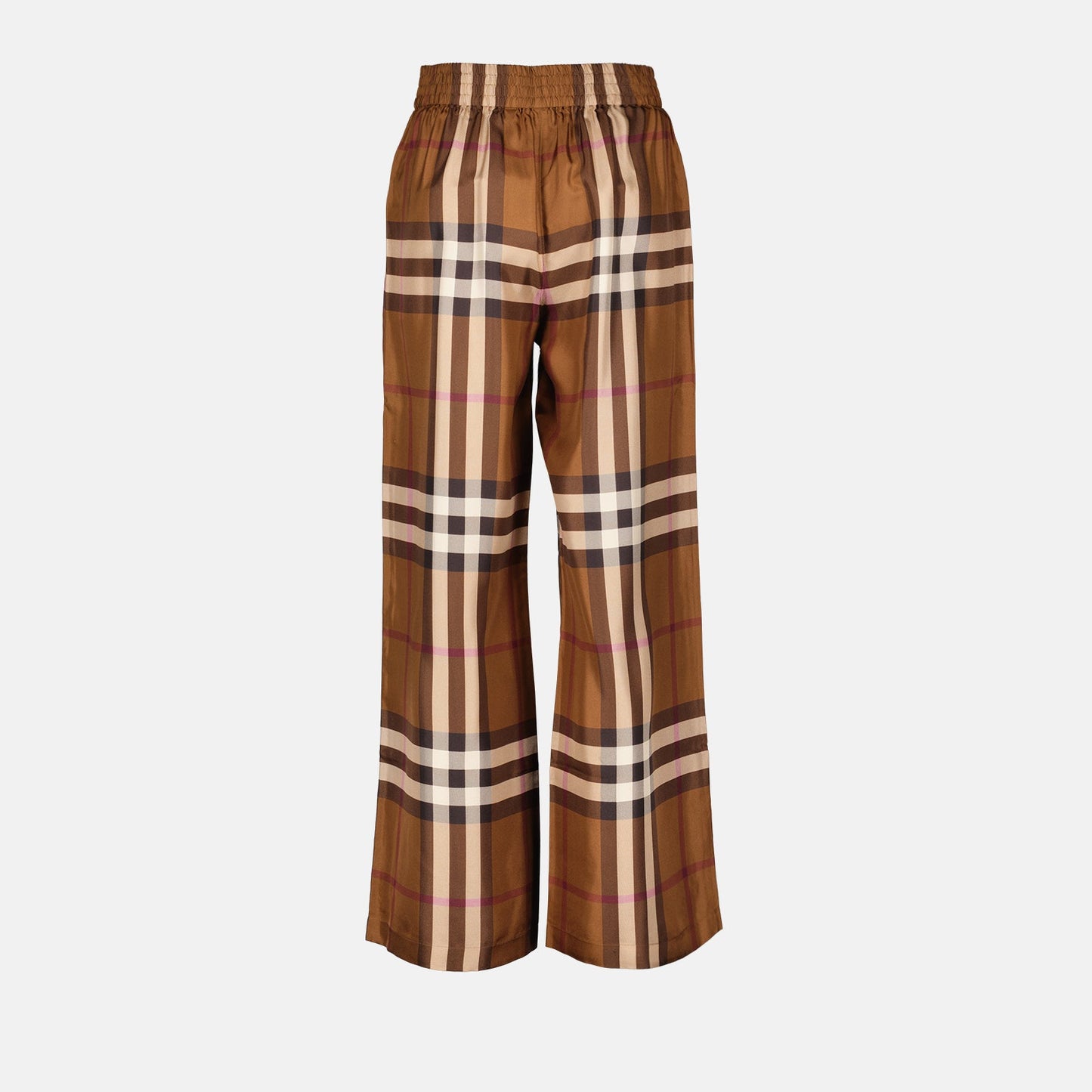 Burberry, silk trousers, checkered pattern, women’s luxury pants, designer clothing