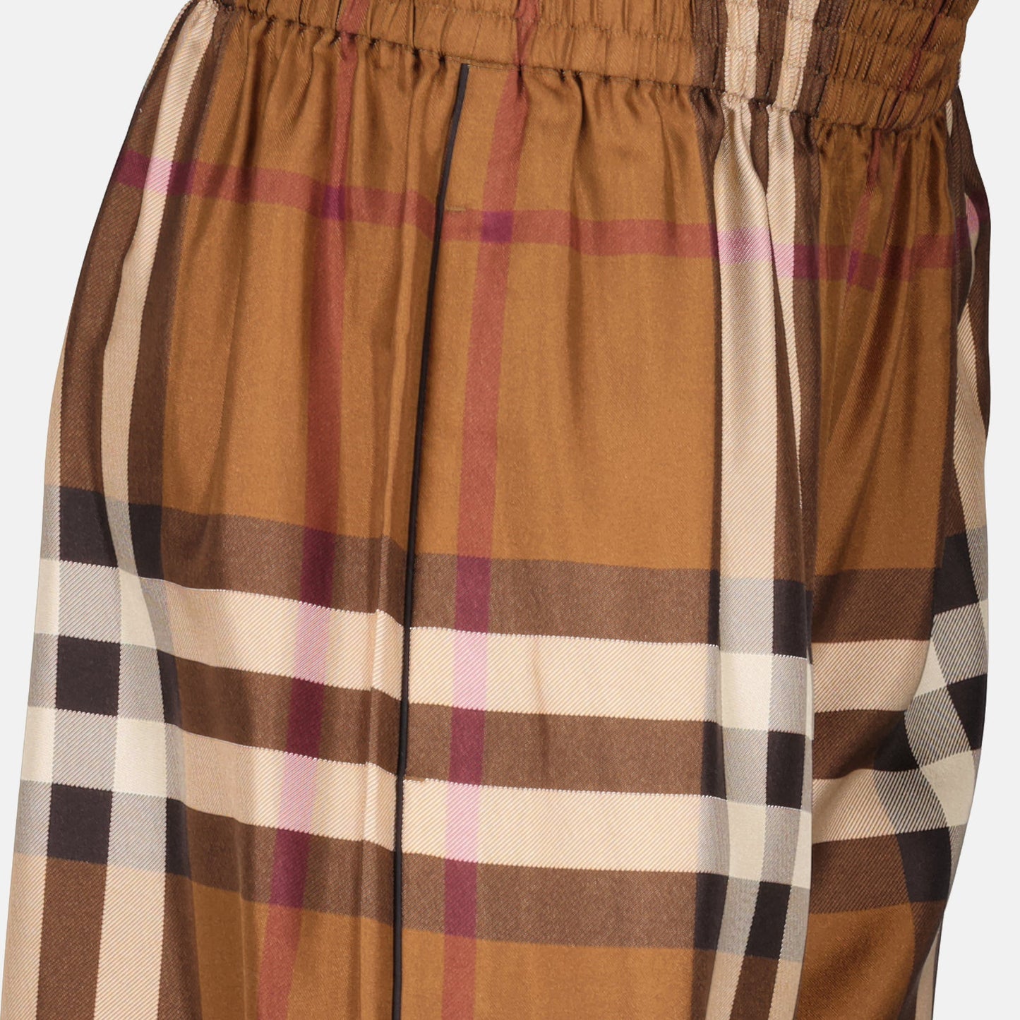 Burberry, silk trousers, checkered pattern, women’s luxury pants, designer clothing