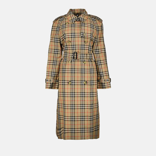 Burberry trench coat, women’s check trench, luxury trench coat, beige check pattern, designer trench coat