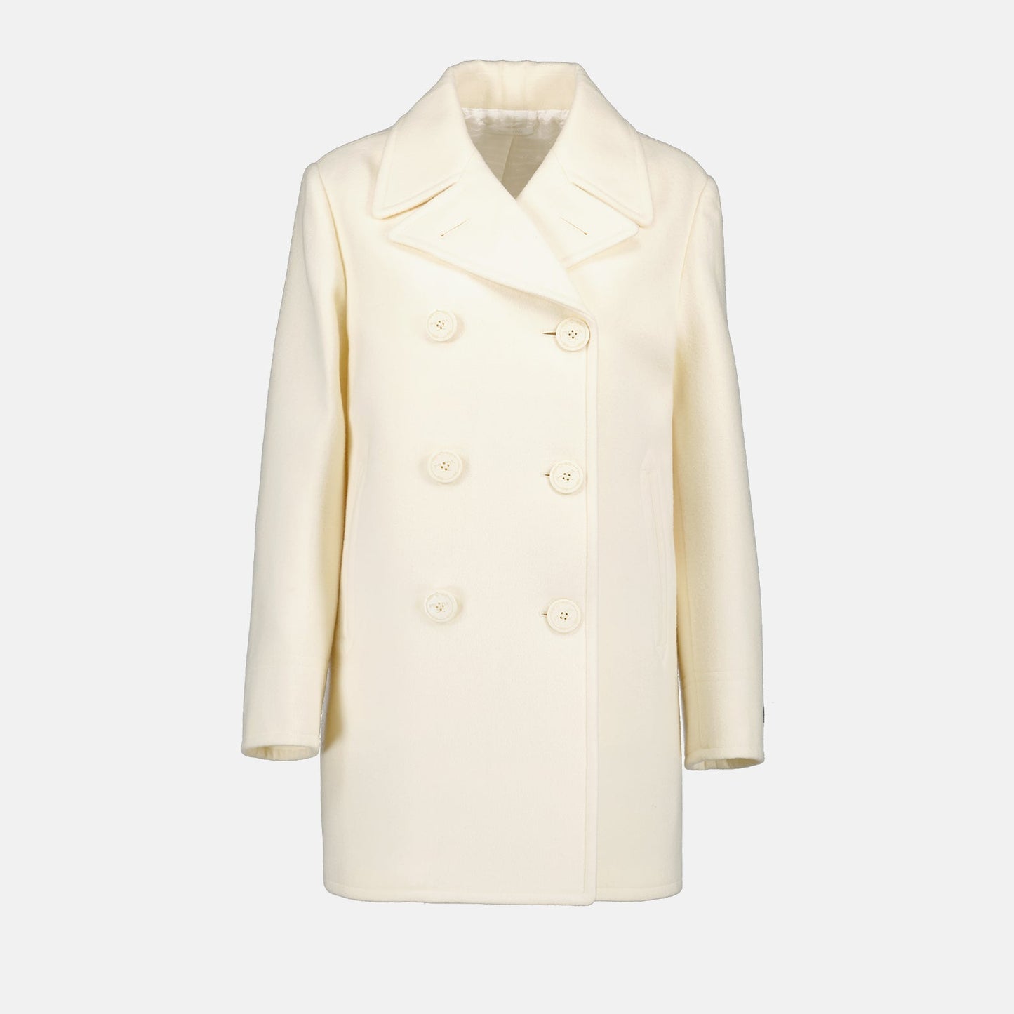 Prada pea coat, wool pea coat, luxury outerwear, double-breasted coat, elegant white coat