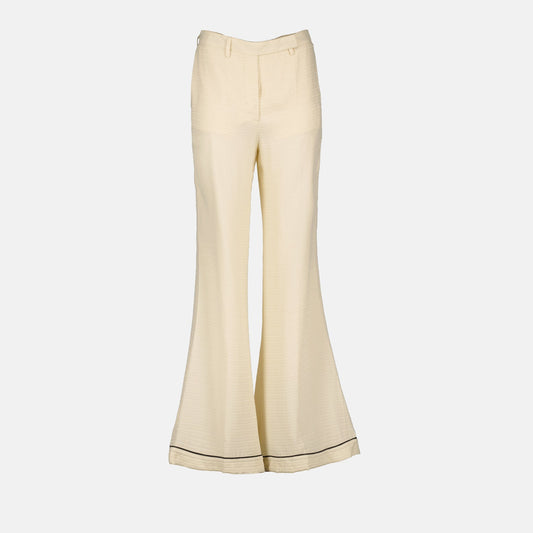 Prada trousers, silk flared trousers, luxury women's fashion, high-end trousers, designer silk pants