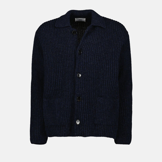 knit cardigan, luxury fashion, navy blue clothing, AMI Paris knitwear, sophisticated men’s wear