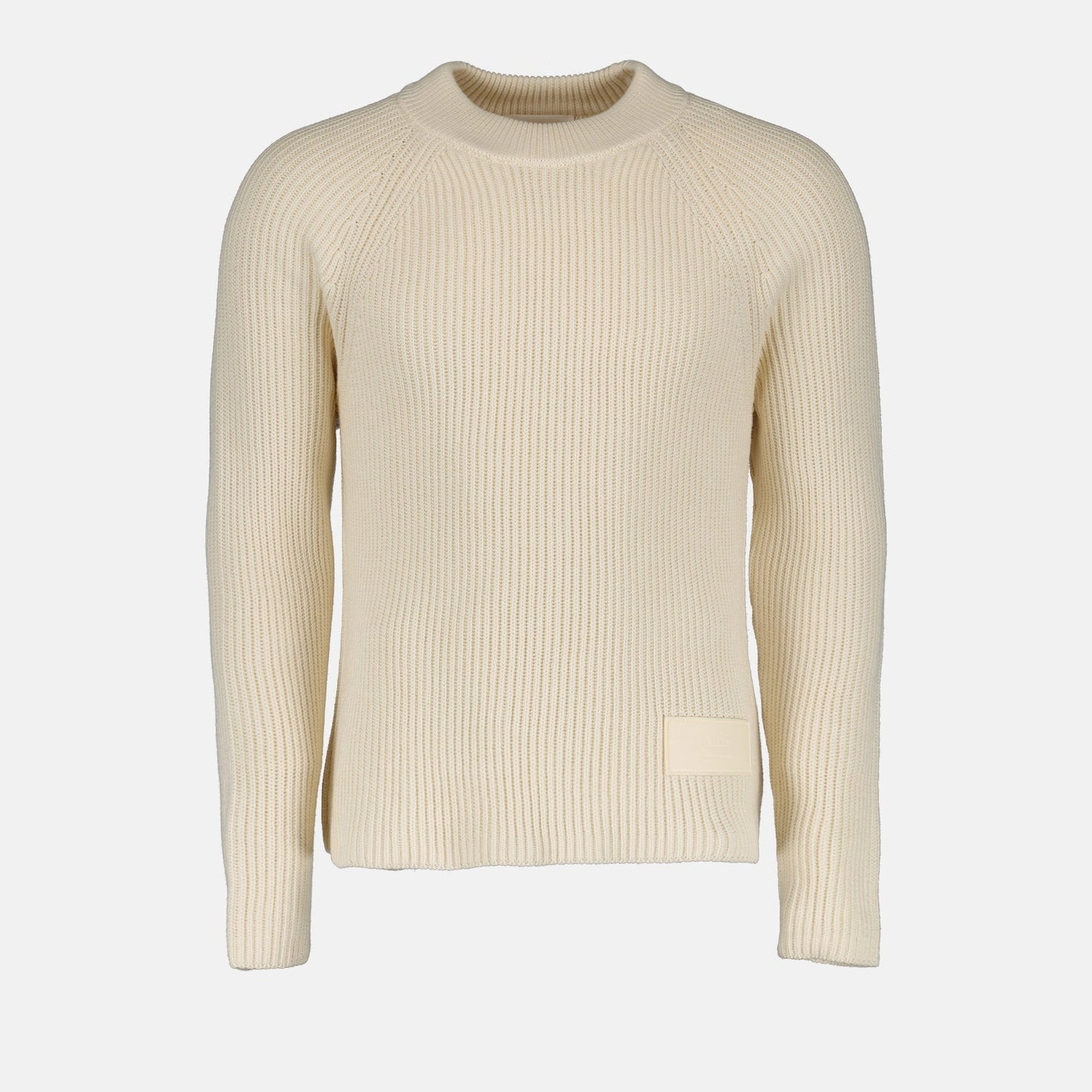 AMI Paris, beige logo sweater, men's luxury sweater, high-end pullover, designer knitwear