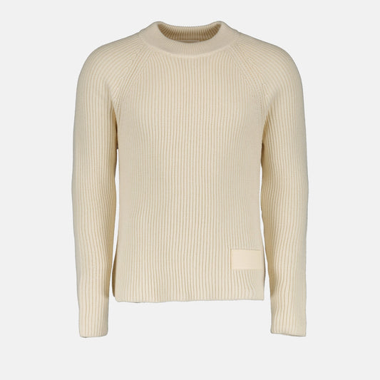 AMI Paris, beige logo sweater, men's luxury sweater, high-end pullover, designer knitwear