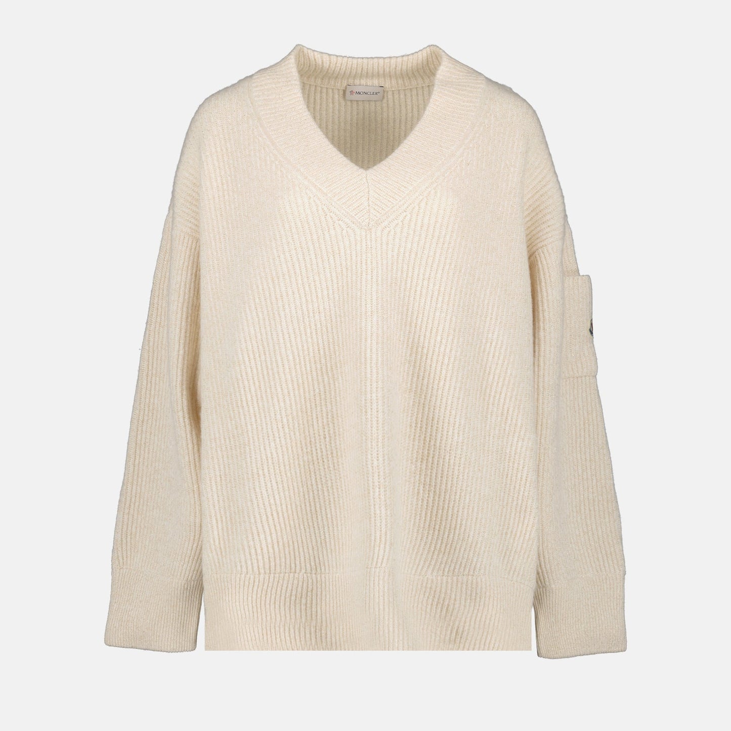 Moncler Women Sweater, Ribbed Beige Sweater, Luxury Women Knitwear, High-End Fashion, Designer Sweaters