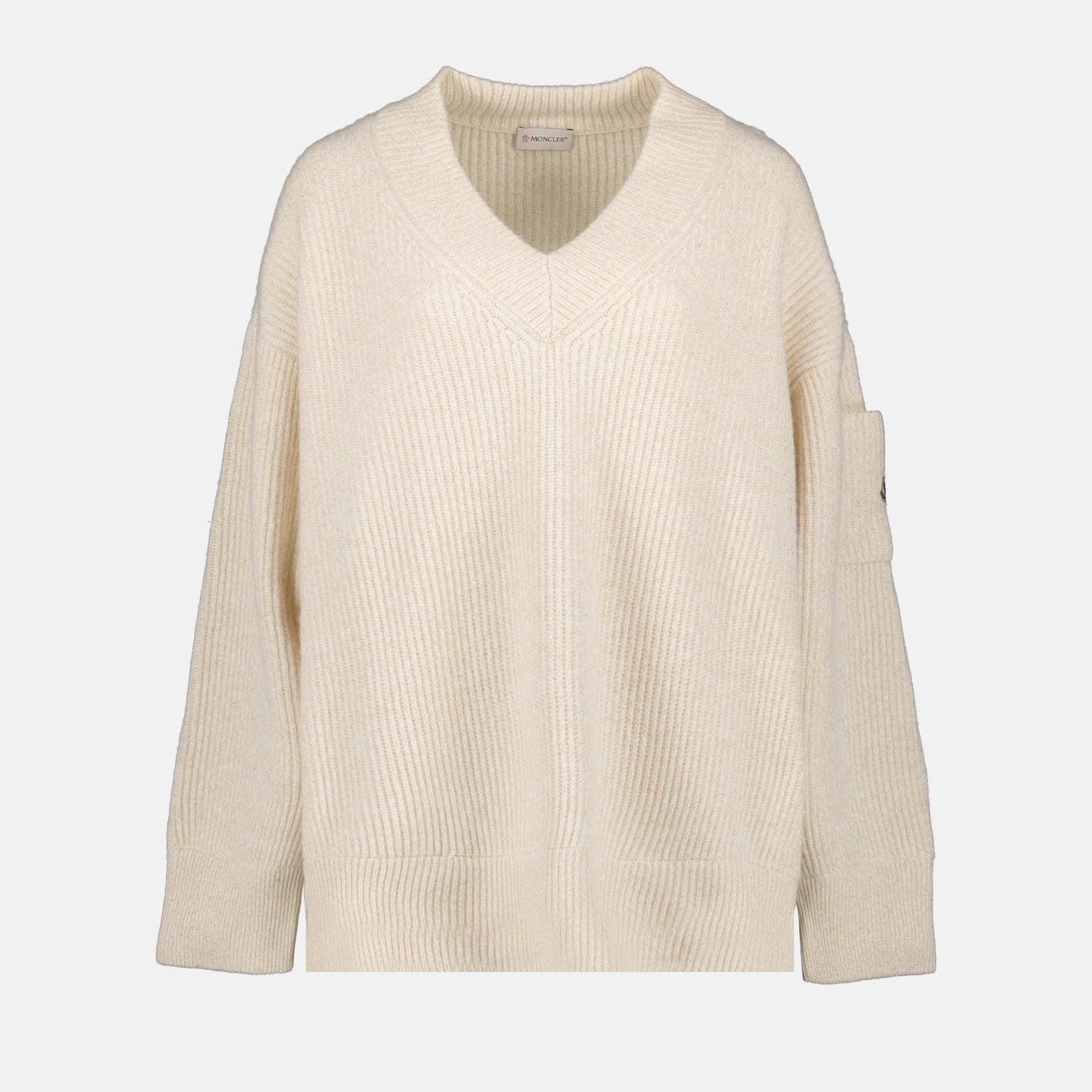 Moncler Women Sweater, Ribbed Beige Sweater, Luxury Women Knitwear, High-End Fashion, Designer Sweaters