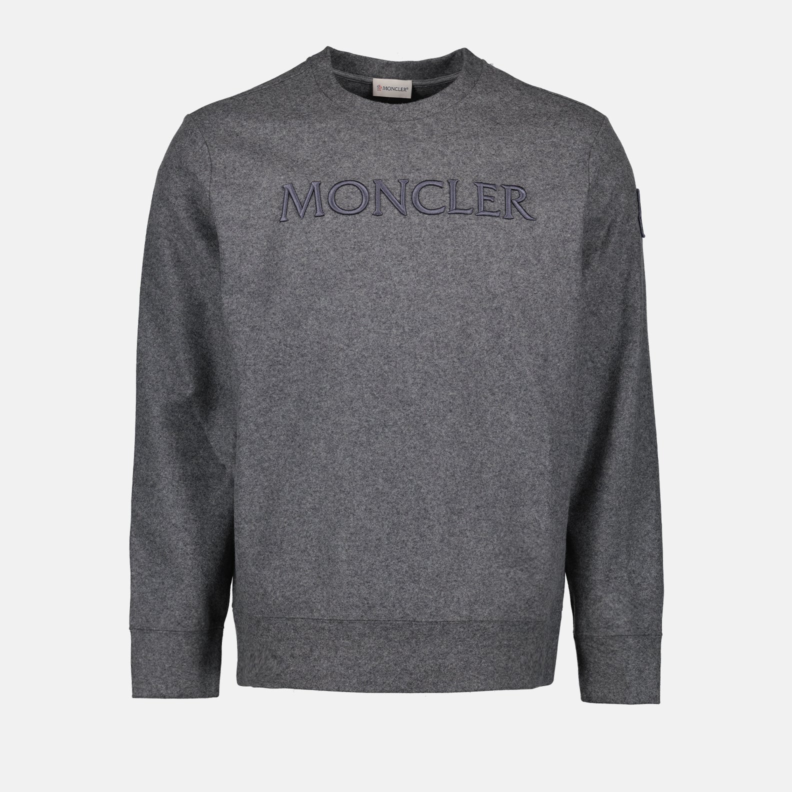 Moncler, grey sweatshirt, men's luxury apparel, logo sweatshirt, high-end fashion