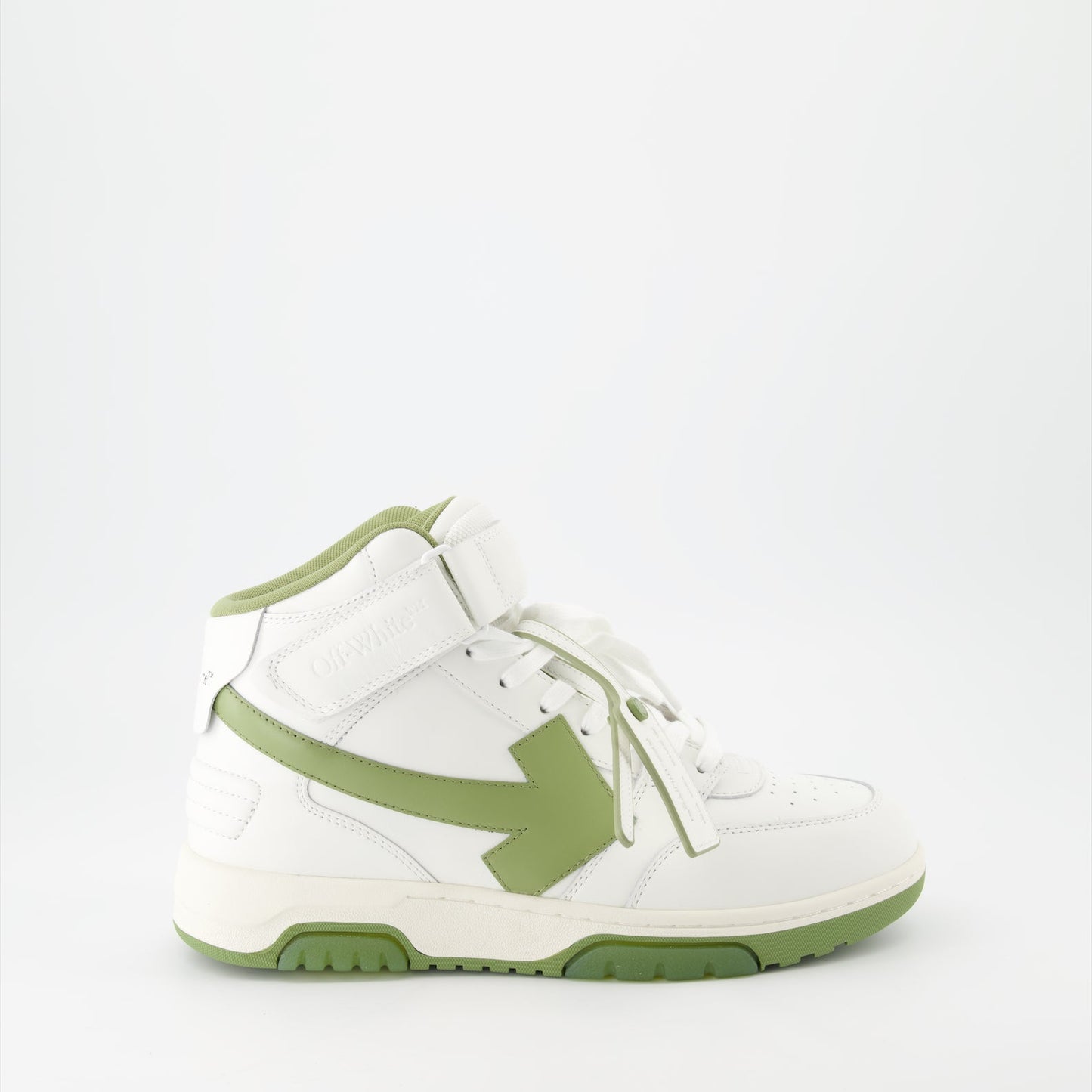 High-top sneakers, leather sneakers, white and green sneakers, Off-White sneakers, luxury footwear