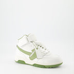 High-top sneakers, leather sneakers, white and green sneakers, Off-White sneakers, luxury footwear