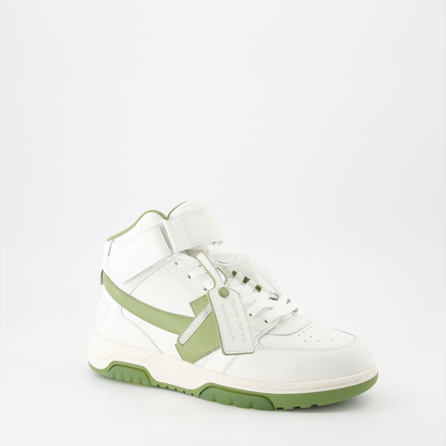 High-top sneakers, leather sneakers, white and green sneakers, Off-White sneakers, luxury footwear