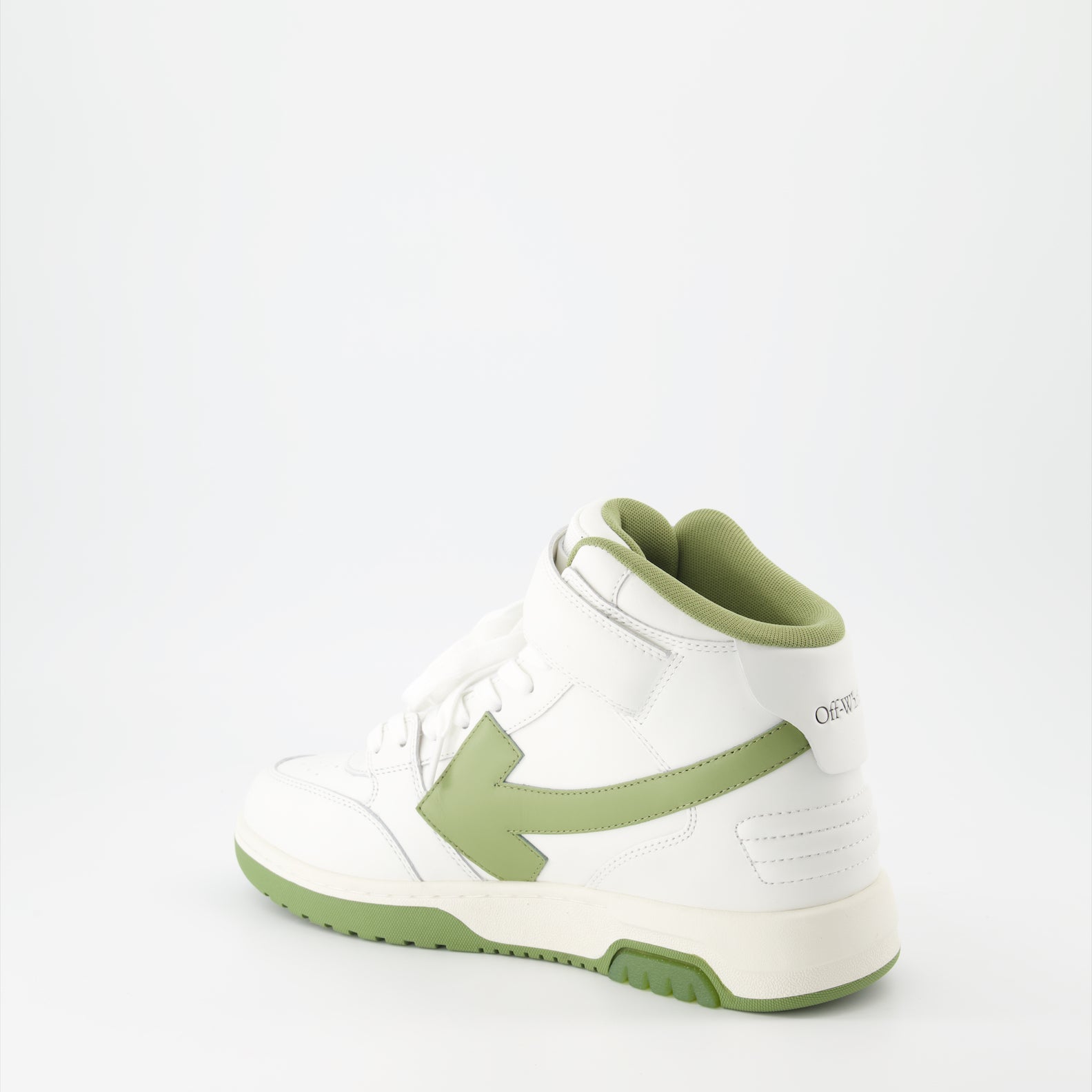 High-top sneakers, leather sneakers, white and green sneakers, Off-White sneakers, luxury footwear