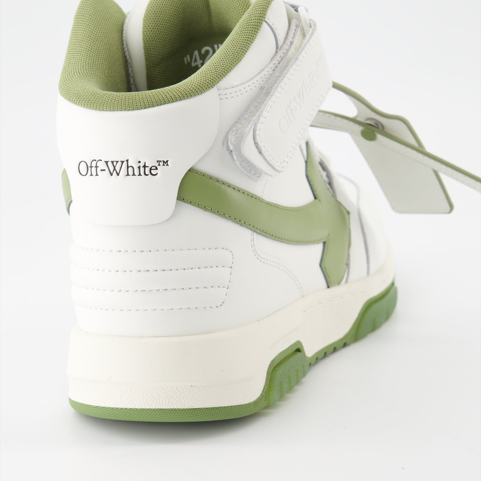 High-top sneakers, leather sneakers, white and green sneakers, Off-White sneakers, luxury footwear