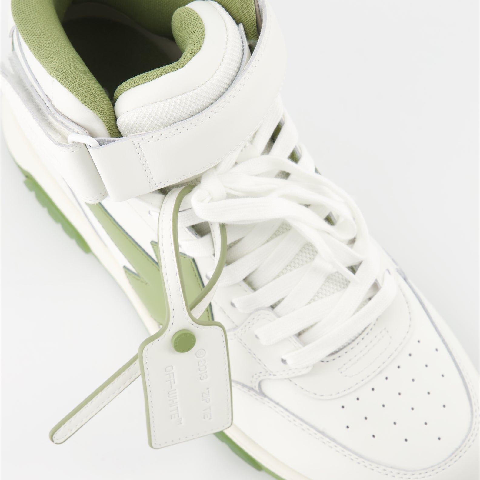 High-top sneakers, leather sneakers, white and green sneakers, Off-White sneakers, luxury footwear