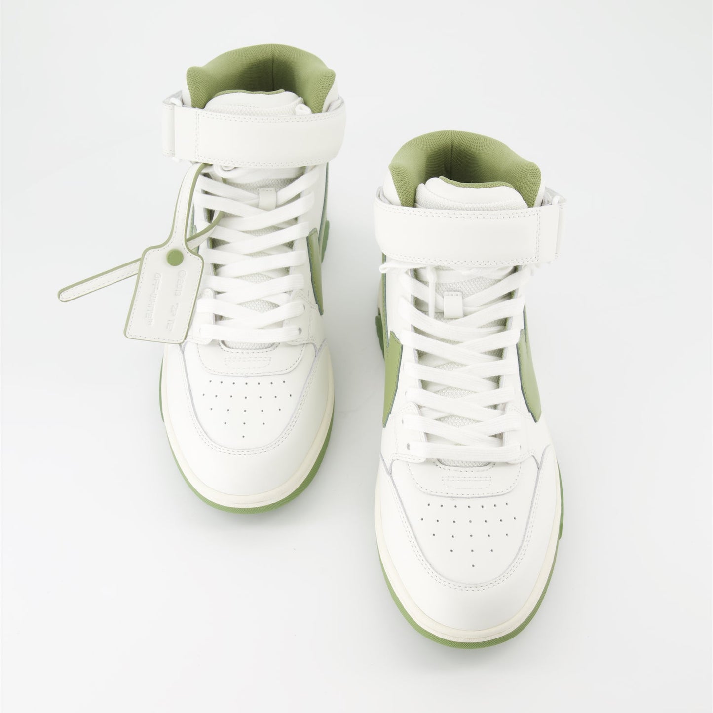 High-top sneakers, leather sneakers, white and green sneakers, Off-White sneakers, luxury footwear