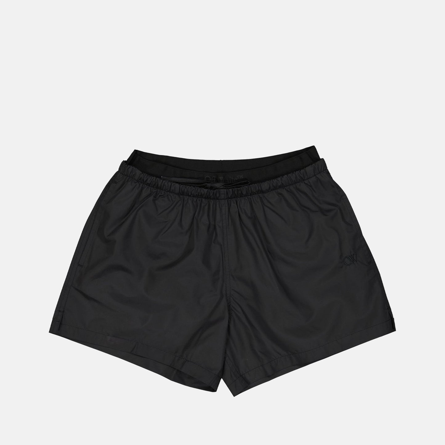 Off-White swim shorts, luxury swimwear, black swim shorts, modern luxury swimwear, designer swim shorts