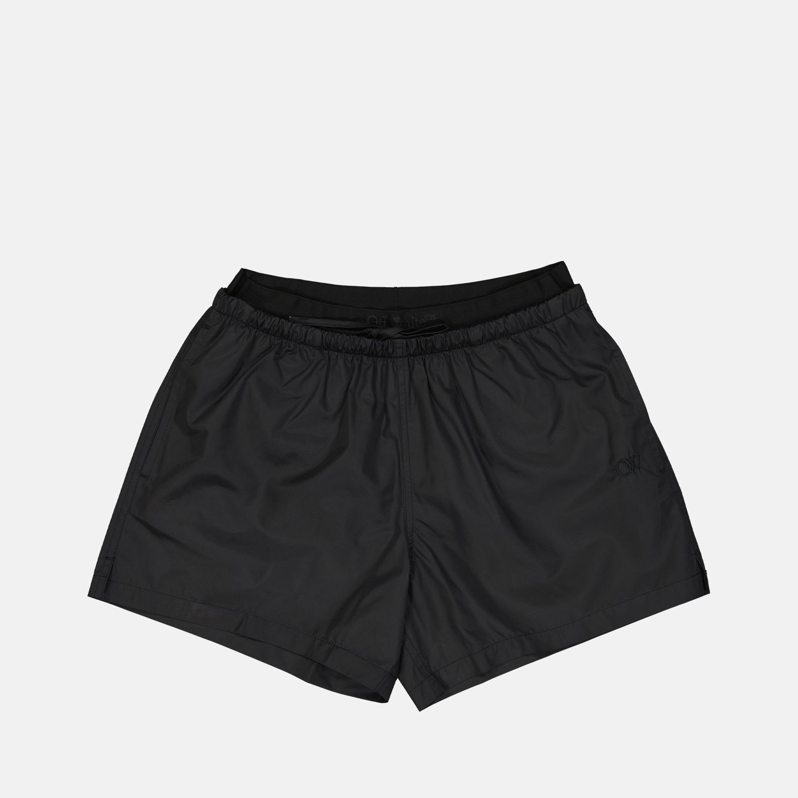 Off-White swim shorts, luxury swimwear, black swim shorts, modern luxury swimwear, designer swim shorts