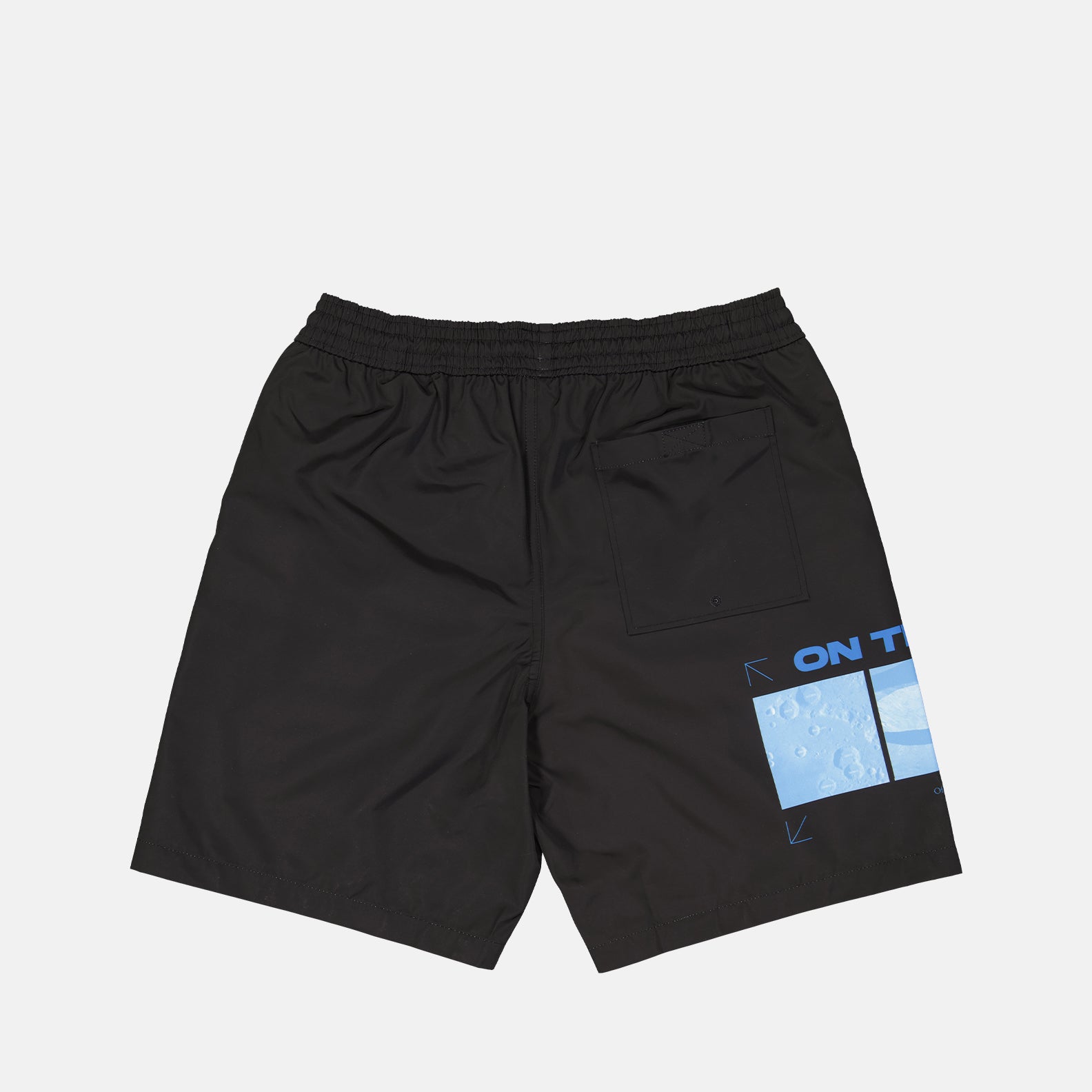 luxury swimwear, black swim shorts, Off-White swimwear, high-end beachwear, designer swim shorts