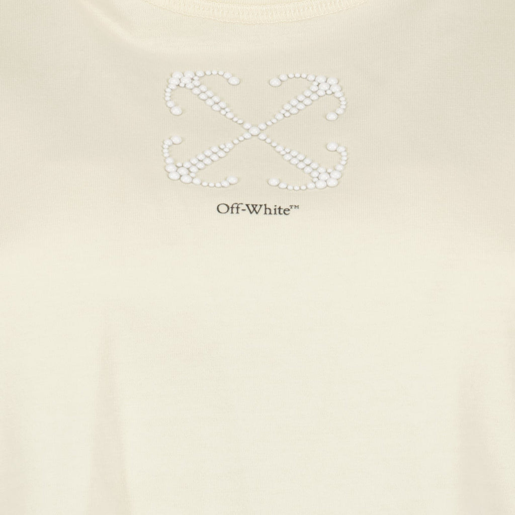 Off-White, pearl embellishment, beige T-shirt, luxury fashion, designer apparel