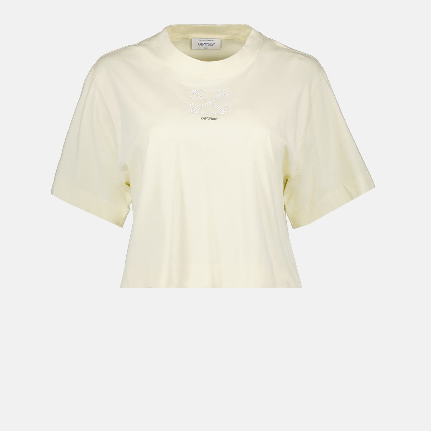 Off-White, pearl embellishment, beige T-shirt, luxury fashion, designer apparel