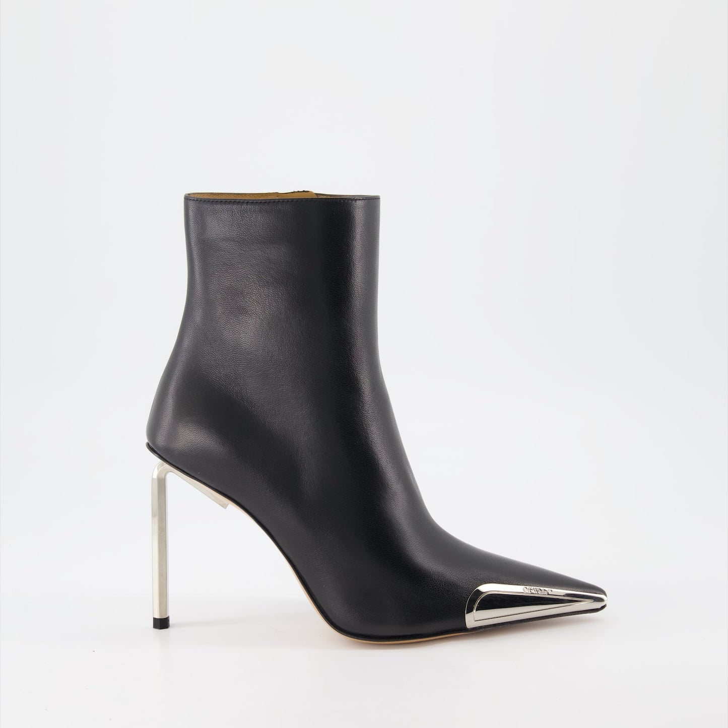 luxury ankle boots, heeled boots, Off-White shoes, silver boots, designer footwear