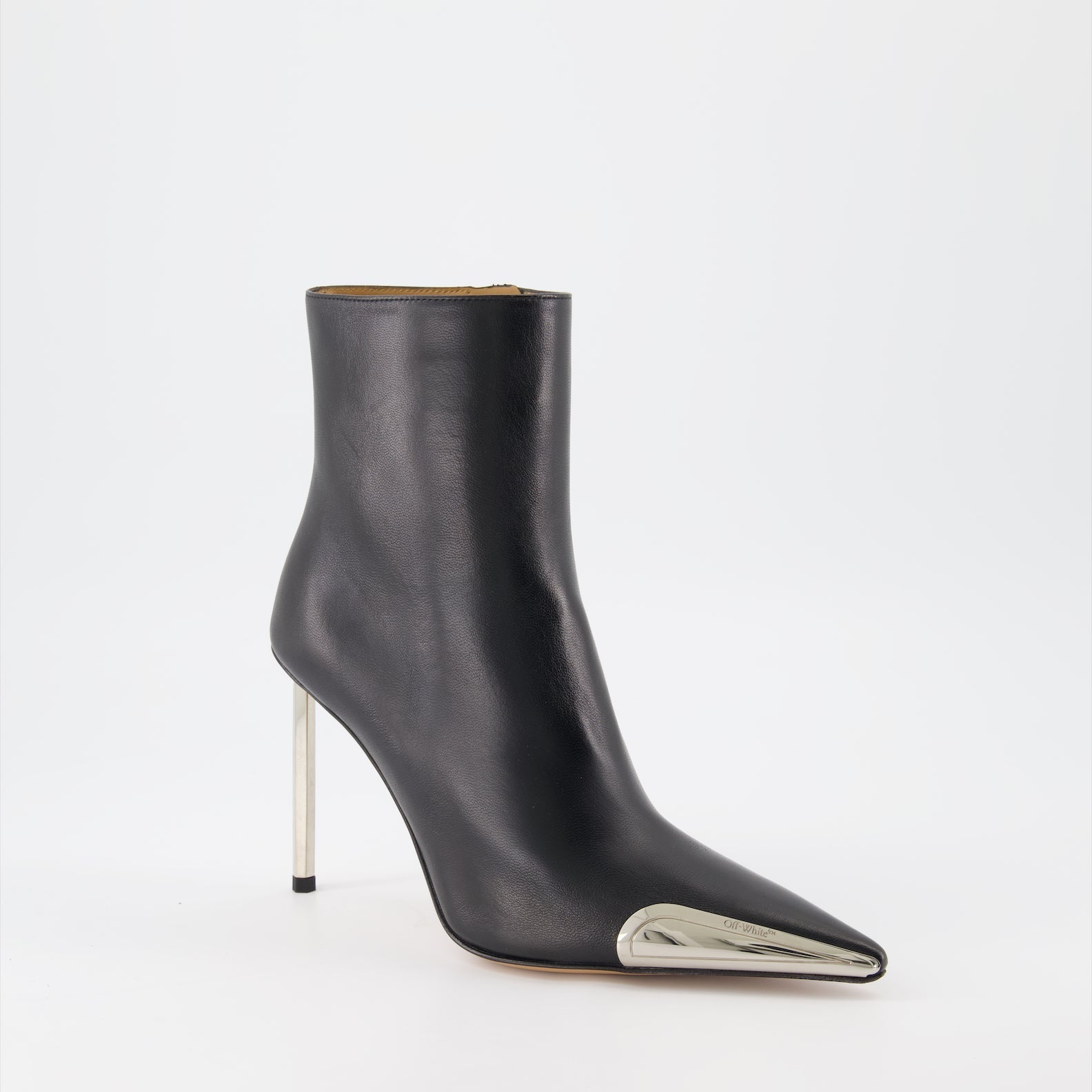 luxury ankle boots, heeled boots, Off-White shoes, silver boots, designer footwear