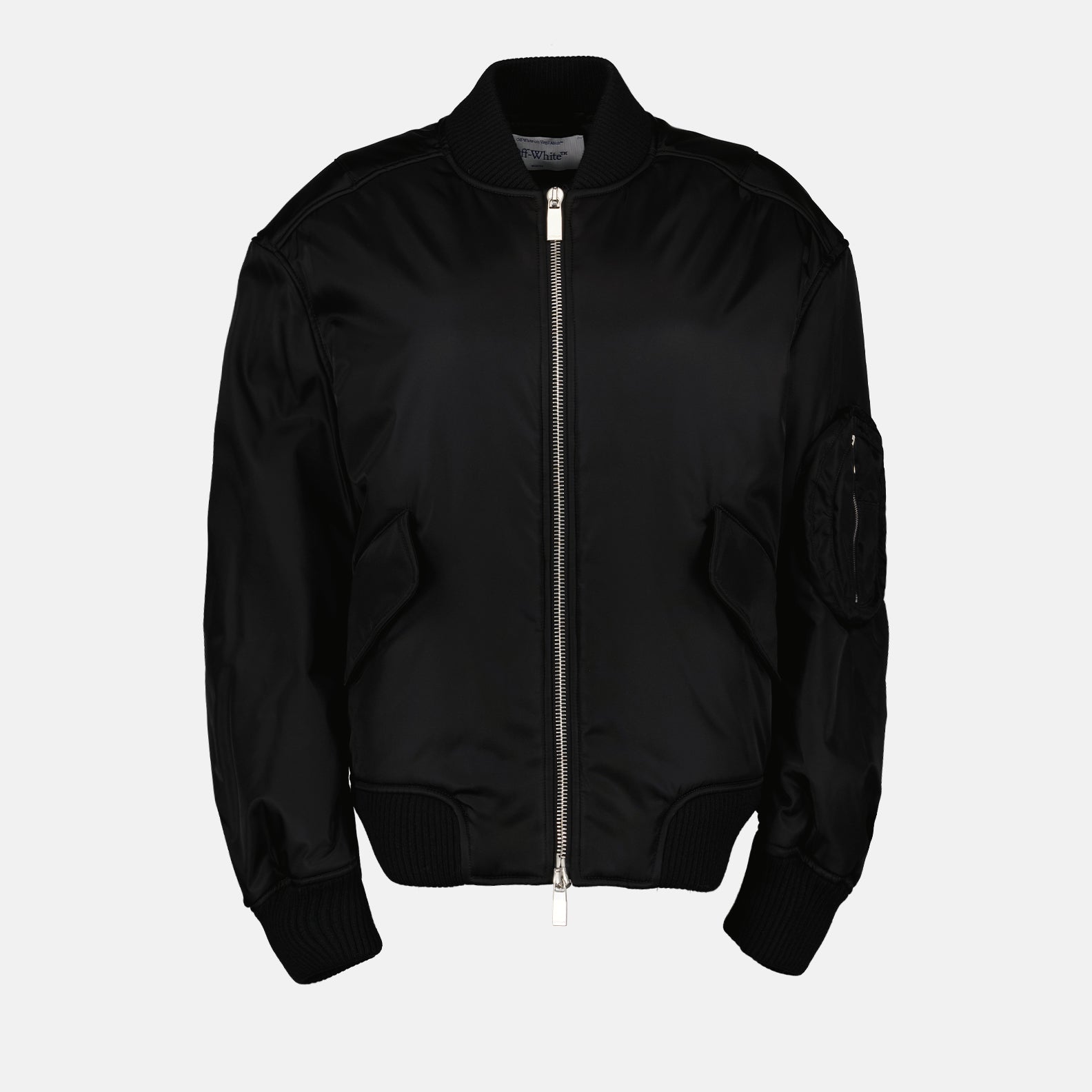 luxury bomber jacket, Off-White bomber, high-end outerwear, designer nylon jacket, elegant fashion