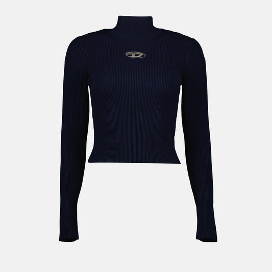 Navy turtleneck sweater, Ribbed knit sweater, Diesel sweater, Slim fit sweater, Cut-out logo sweater