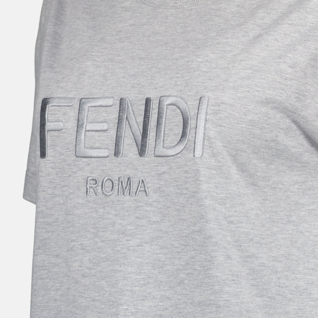 Fendi gray T-shirt, round neck cotton top, elegant gray shirt, Autumn-Winter 2024, versatile gray tee
