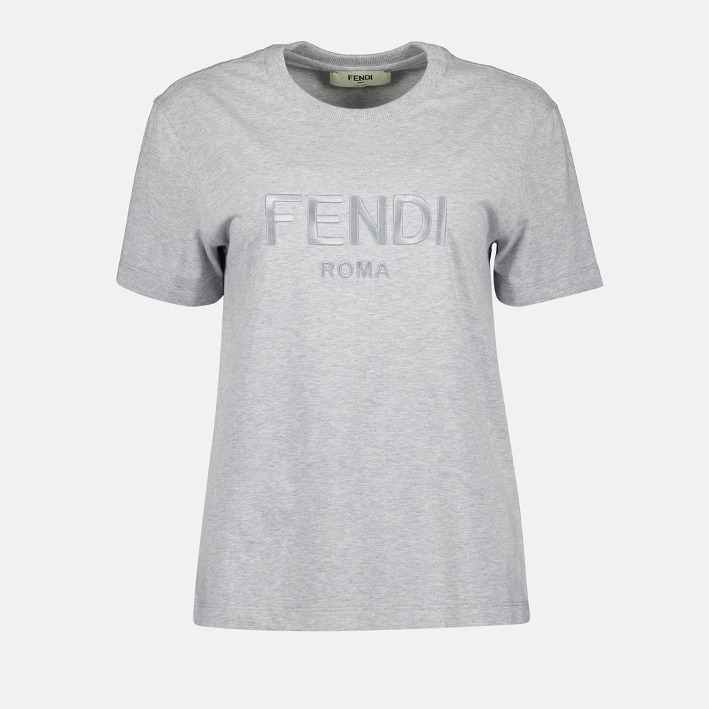 Fendi gray T-shirt, round neck cotton top, elegant gray shirt, Autumn-Winter 2024, versatile gray tee