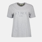 Fendi gray T-shirt, round neck cotton top, elegant gray shirt, Autumn-Winter 2024, versatile gray tee