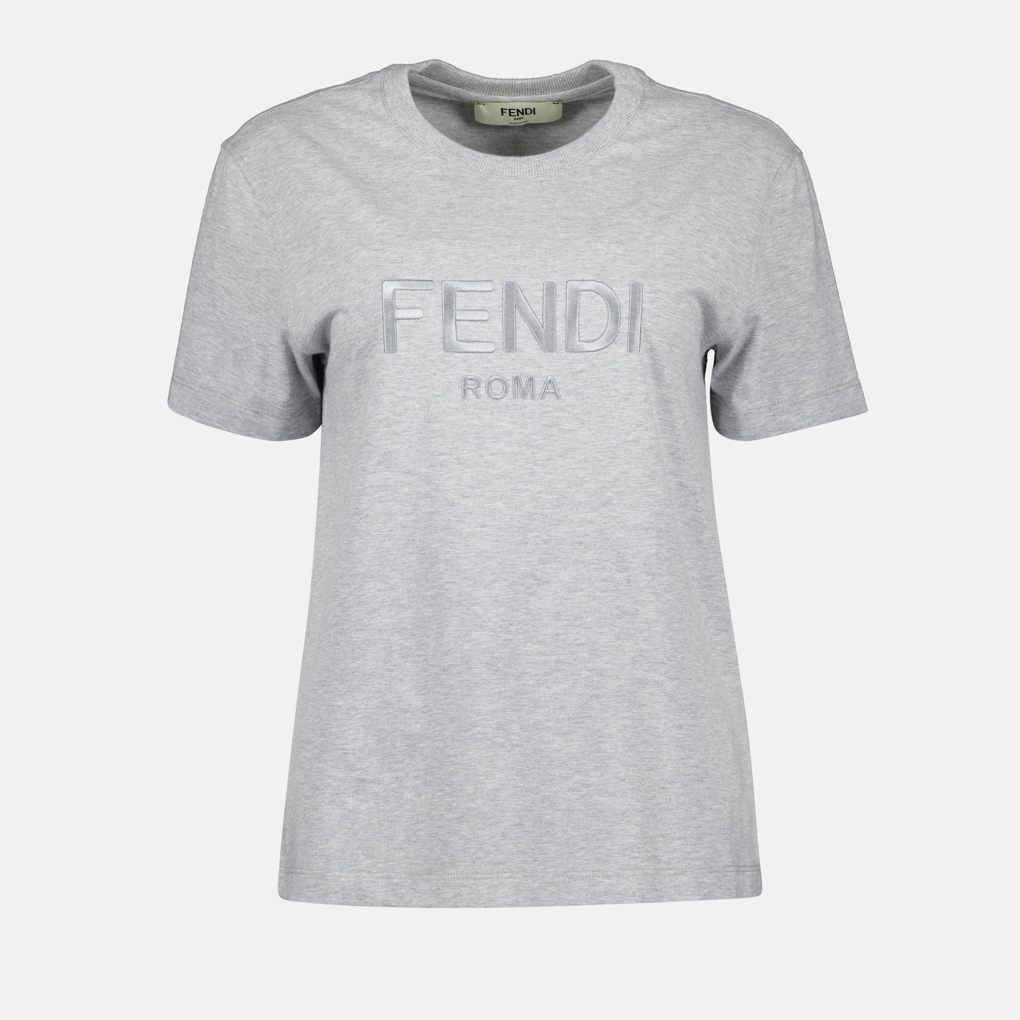 Fendi gray T-shirt, round neck cotton top, elegant gray shirt, Autumn-Winter 2024, versatile gray tee