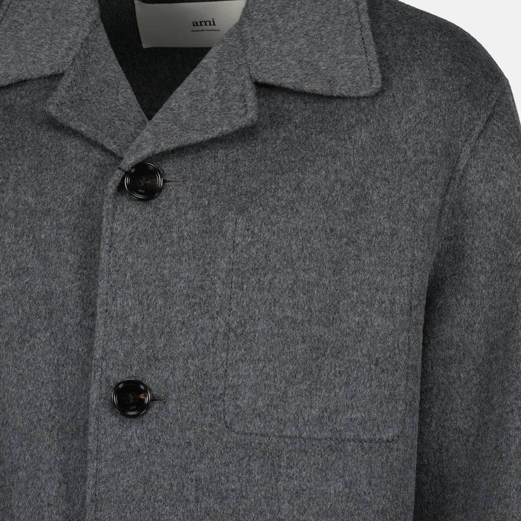 gray wool coat, AMI Paris coat, wool and cashmere outerwear, autumn winter coat, men's wool coat