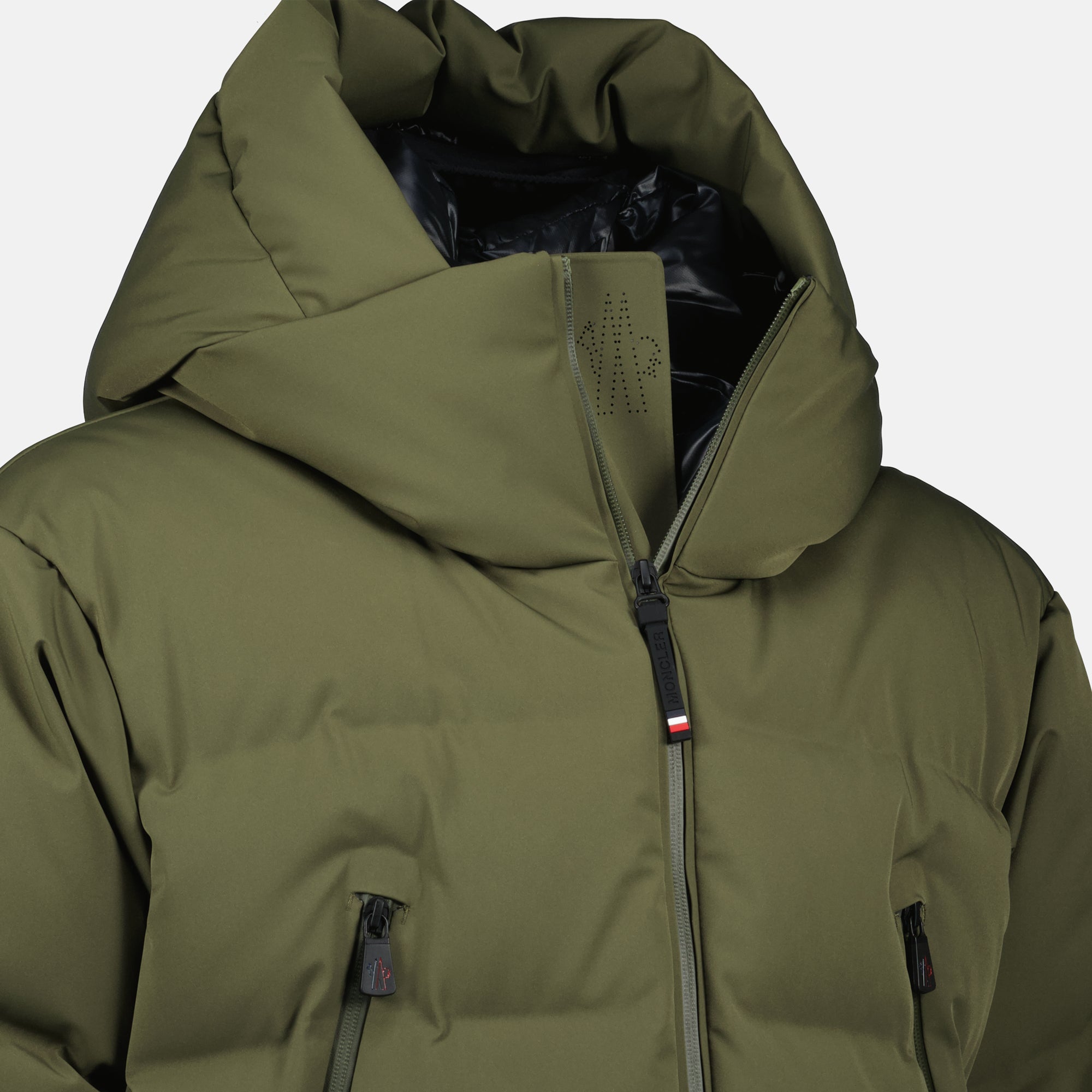 Moncler Grenoble jacket, nylon jacket, khaki jacket, adjustable hood, zippered pockets