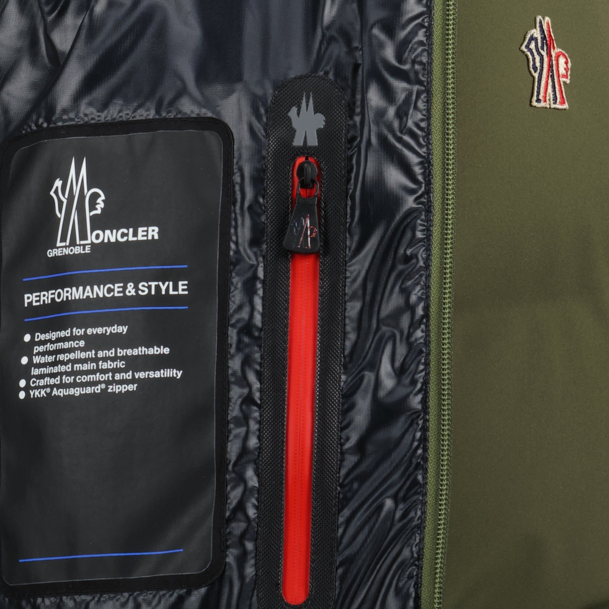 Moncler Grenoble jacket, nylon jacket, khaki jacket, adjustable hood, zippered pockets